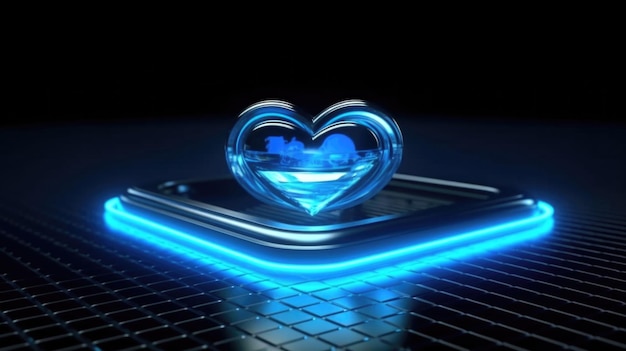Niebieski neonowy hologram cyfrowego serca wyświetlany na eleganckiej powierzchni futurystyczny i technologiczny kubek cyberbezpieczeństwa i koncepcji miłości online