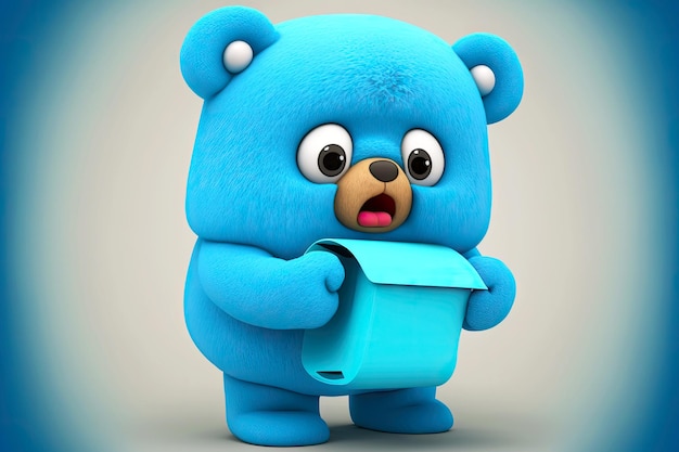 Niebieski niedźwiedź trzyma kawałek papieru toaletowego postać z kreskówki
