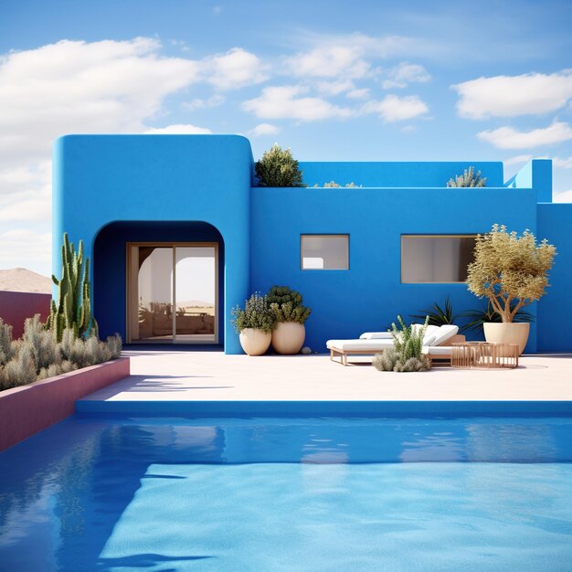 Niebieski nowoczesny dom z basenem na pustyni