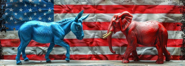 Zdjęcie niebieski osioł i czerwony słoń na tle amerykańskiej flagi