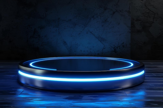 Niebieski oświetlony okrągły obiekt na płytowej podłodze
