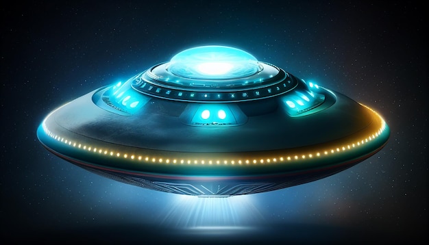 Niebieski oświetlony statek kosmiczny UFO z podświetlanym portalem na futurystycznej ilustracji