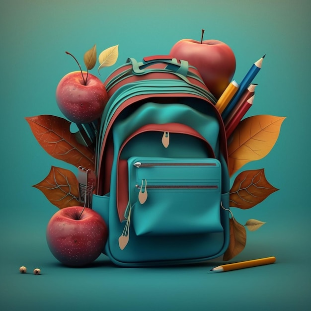 Niebieski plecak z jabłkami i ołówkami