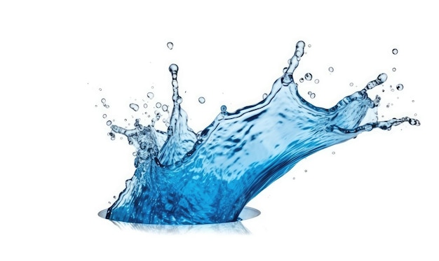 Niebieski plusk jest uchwycony w powietrzu, gdy kropelki wody tańczą wokół niego odizolowane na białym tle Tworzenie za pomocą generatywnych narzędzi sztucznej inteligencji