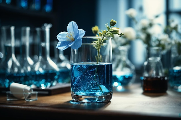Niebieski płyn w szklanych naczyniach laboratoryjnych i kwiatach