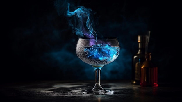 Niebieski płyn wlewa się do kieliszka do martini, za którym stoi butelka dymu.