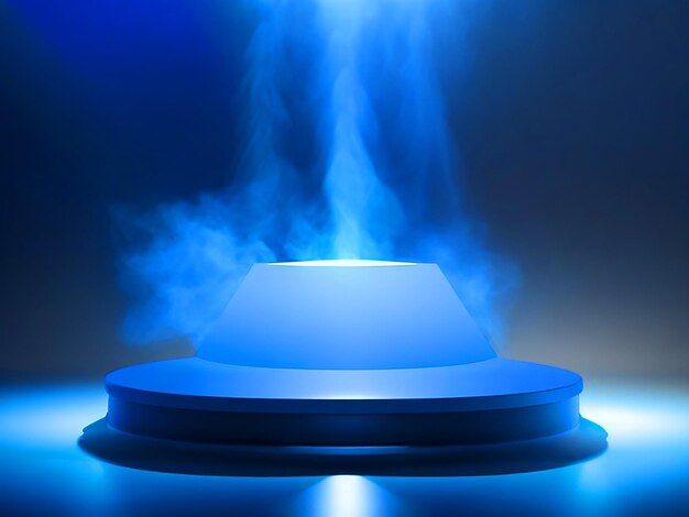 Zdjęcie niebieski podium z reflektorem i dymem na scenie do projektowania