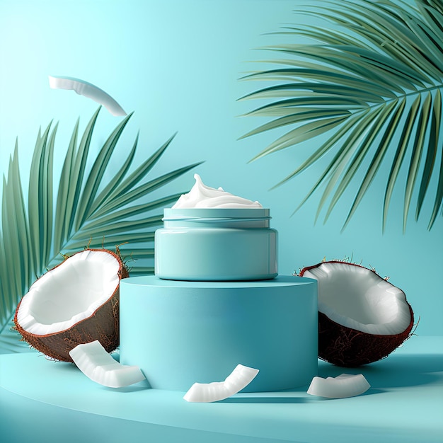 Niebieski pojemnik z białym kremem wewnątrz obok kokosa i liścia palmy na niebieskim tle