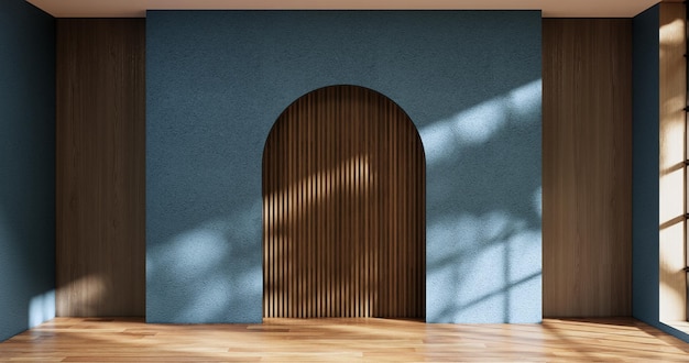 Niebieski pokój i drewniane panele ścienne w tle renderowania ilustracji 3D