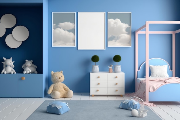 Niebieski pokój z białym łóżkiem, misiem, białą komodą, półką z białą szafką i niebieską ścianą z dwoma obrazkami chmur.
