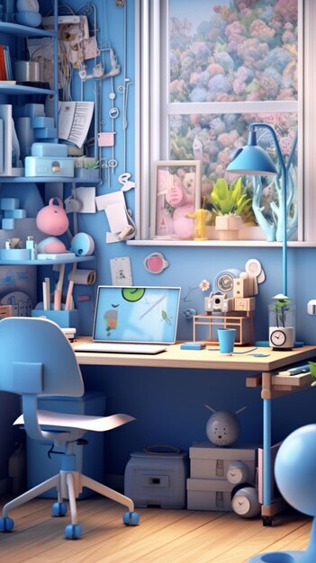 Niebieski pokój z biurkiem i półką pełną rzeczy.