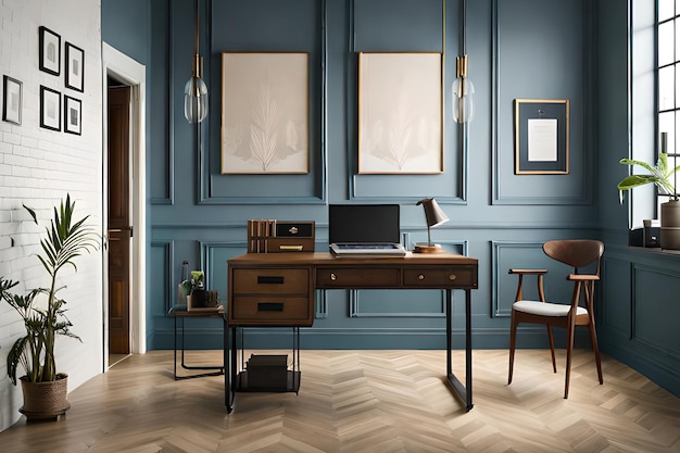 Niebieski pokój z drewnianym biurkiem i krzesłem z napisem „dom”.