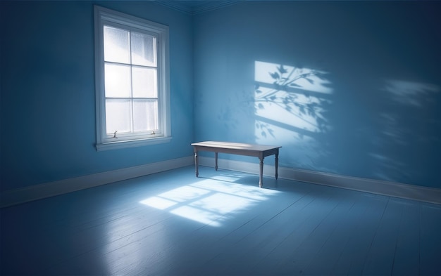 Niebieski pokój ze stołem i oknem z napisem „słowo”