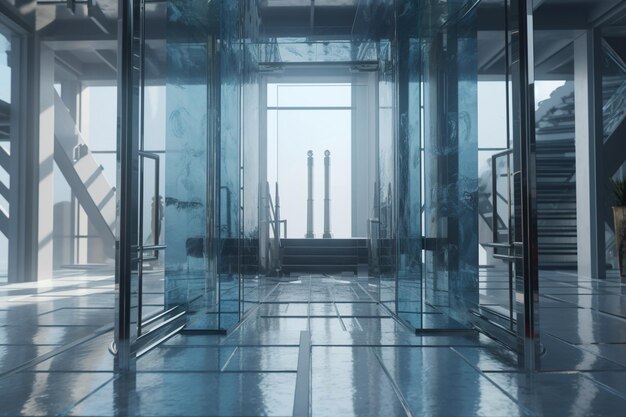 Niebieski pokój ze szklaną podłogą i dużą liczbą kolumn.