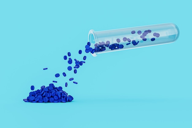 Niebieski polimerowy plastikowy koralik na niebieskim tle żywicy polimerowej w próbce granulatu z tworzywa sztucznego do probówek