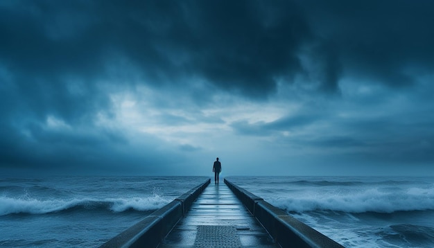 Niebieski poniedziałek - obraz sylwetki osoby stojącej na krawędzi molo