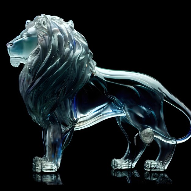 Niebieski posąg lwa jest pokazany na czarnym tle.