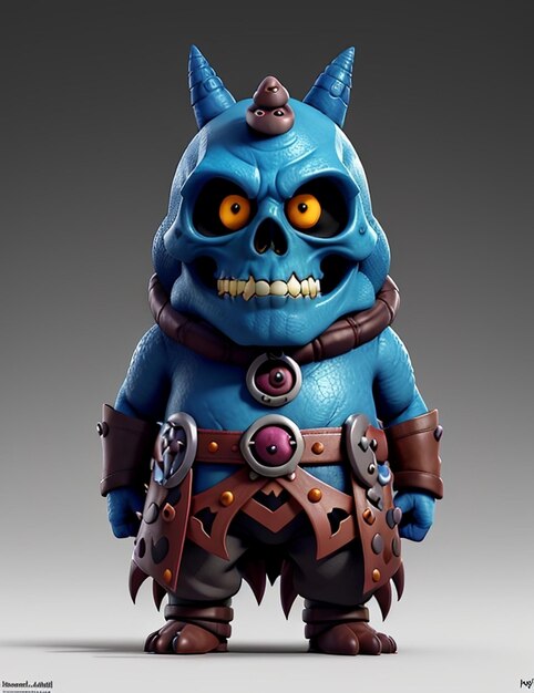 niebieski potwór z czarną maską i paskiem z napisem „potwór”