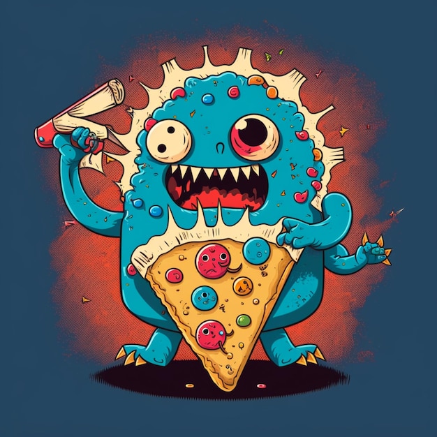 Niebieski potwór z kawałkiem pizzy na dłoni trzymający kawałek pizzy.