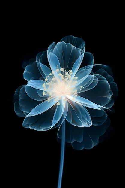 Niebieski przezroczysty kwiat w stylu xray na czarnym tle Minimalistyczny monochromatyczny projekt botaniczny