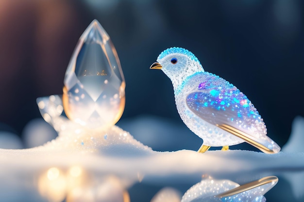 Niebieski ptak siedzi na pokrytej śniegiem powierzchni z diamentem w tle.