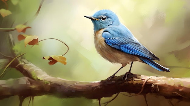 Niebieski ptak stoi na gałęzi z sznurkiem, na którym jest napisane "ptak".