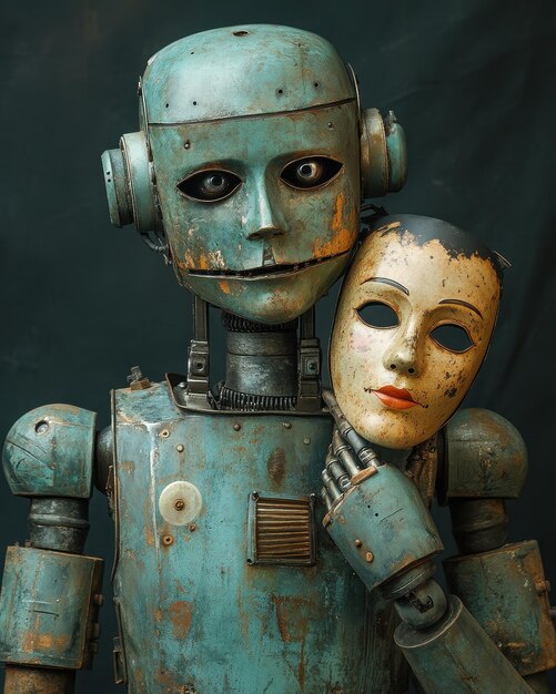 niebieski robot z maską i maską na nim