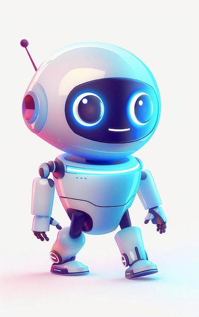 niebieski robot z niebieskimi oczami i czarnym nosem