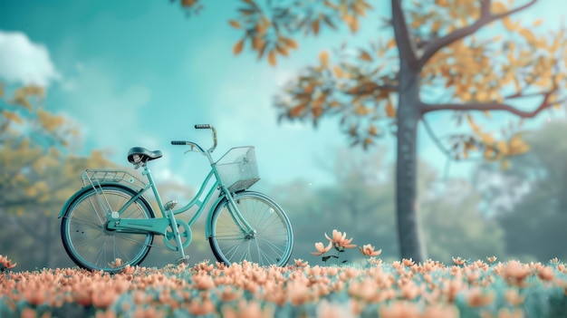 niebieski rower jest na polu z kwiatami
