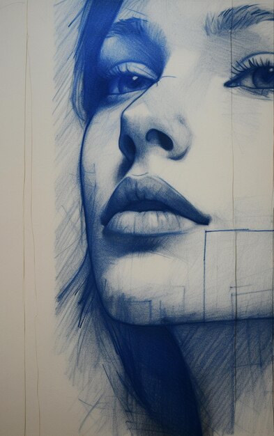 Niebieski rysunek kobiecych ust jest pokazany na niebieskim tle.