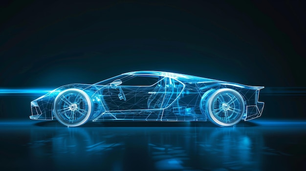 Niebieski samochód rentgenowy z prędkością linii na ciemnym tle renderowany w 3D