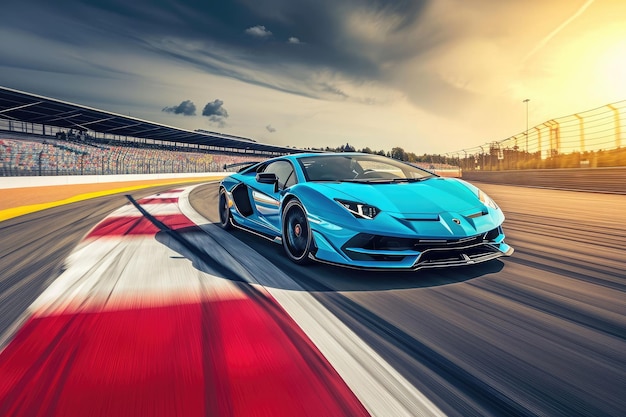 Niebieski samochód sportowy ściga się po torze, prezentując swoją prędkość i zwinność. Niebieskie Lamborghini na torze wyścigowym. AI Generated