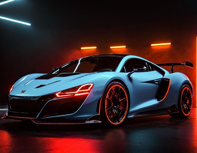 niebieski samochód sportowy z włączonymi światłami