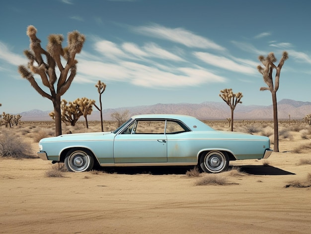 Zdjęcie niebieski samochód z niebieskim samochodem na pustyni.