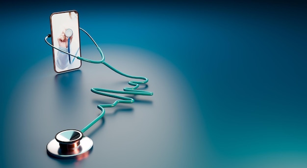 Niebieski stetoskop z koncepcją telemedycyny, renderowanie ilustracji 3d