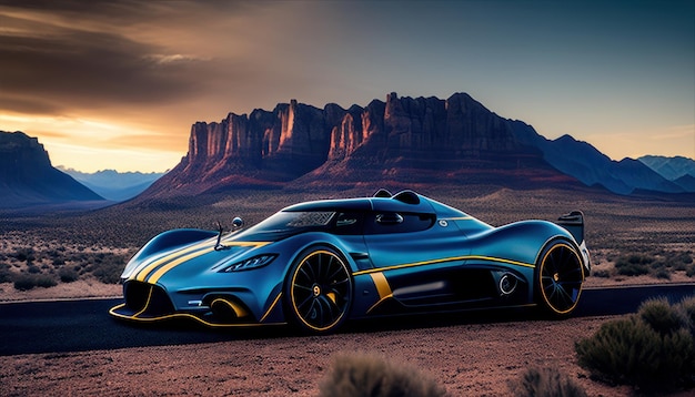 Niebieski supersamochód z niebieskim samochodem na pustyni