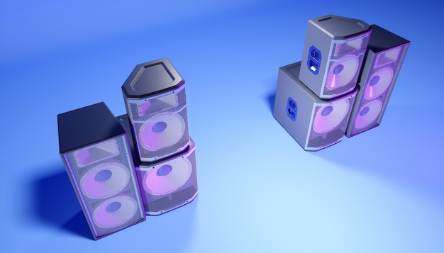 Niebieski system głośników na niebieskim tle w fioletowym oświetleniu, ilustracja 3d