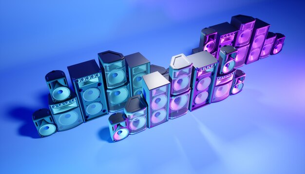 Niebieski system głośników na niebieskim tle w fioletowym oświetleniu, ilustracja 3d