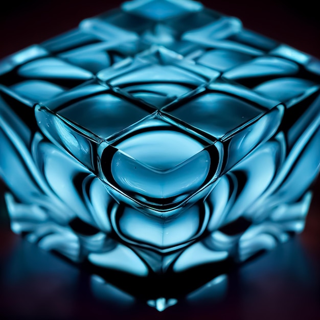 Niebieski szklany sześcian z diamentowym kształtem.