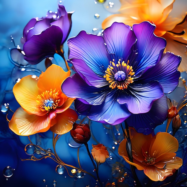 niebieski szklany wazon z kwiatami i kroplami wody