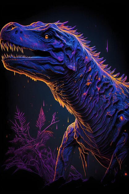 Zdjęcie niebieski t-rex z fioletowymi i pomarańczowymi płomieniami na plecach.