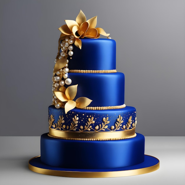niebieski tort ślubny ze złotą ozdobą.