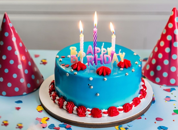 Niebieski tort urodzinowy z napisem wszystkiego najlepszego