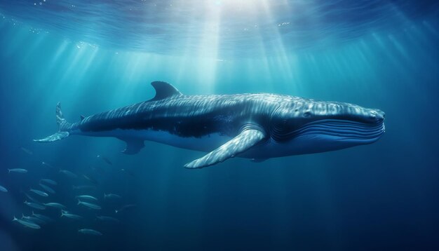 Niebieski wieloryb pod wodą z światłem słonecznym płynącym z powierzchni