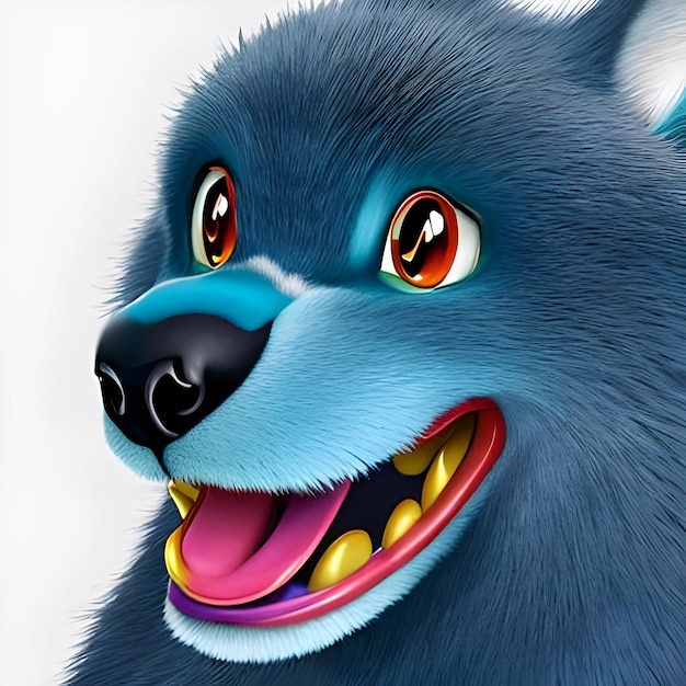 Niebieski wilk z różowym językiem i czarnym nosem znajduje się pośrodku pyska.