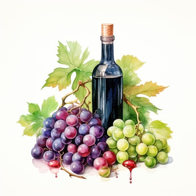 Niebieski winogrono i kieliszek wina i butelka na białym tle na biały styl przypominający akwarele