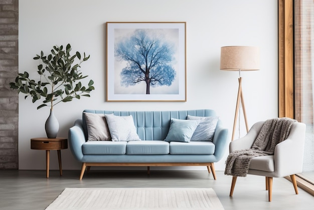 Niebieski wnętrze salonu z drzewnym plakatem, szarym krzesłem i zieloną rośliną