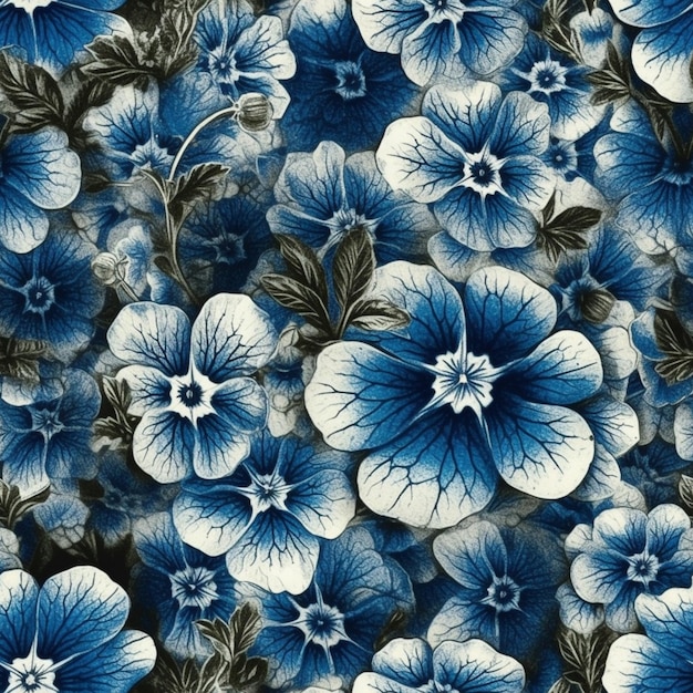 Niebieski wzór kwiatowy nadrukowany na czarnym tle.