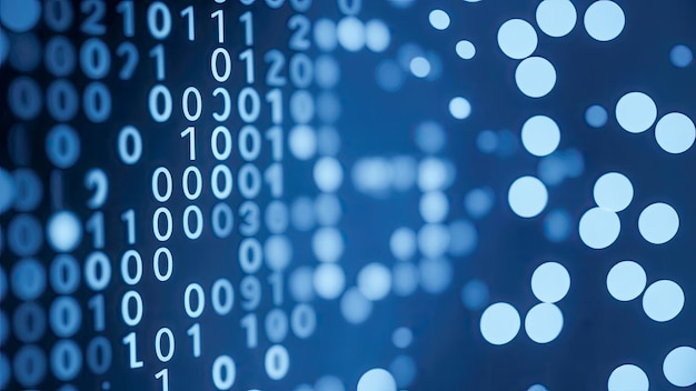 Niebieskie cyfrowe dane binarne na ekranie komputera z bokeh Abstrakcyjne tło technologii informacyjnej Tło matrycy cyfrowego kodu binarnego Zbliżenie z małym działem