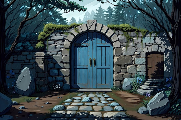 niebieskie drzwi ciemny obszar leśny